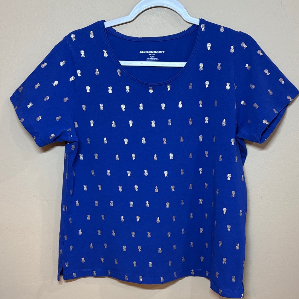 Allison Daley Royal Blue Tee with Gold Metallic Pineapple Print, LP